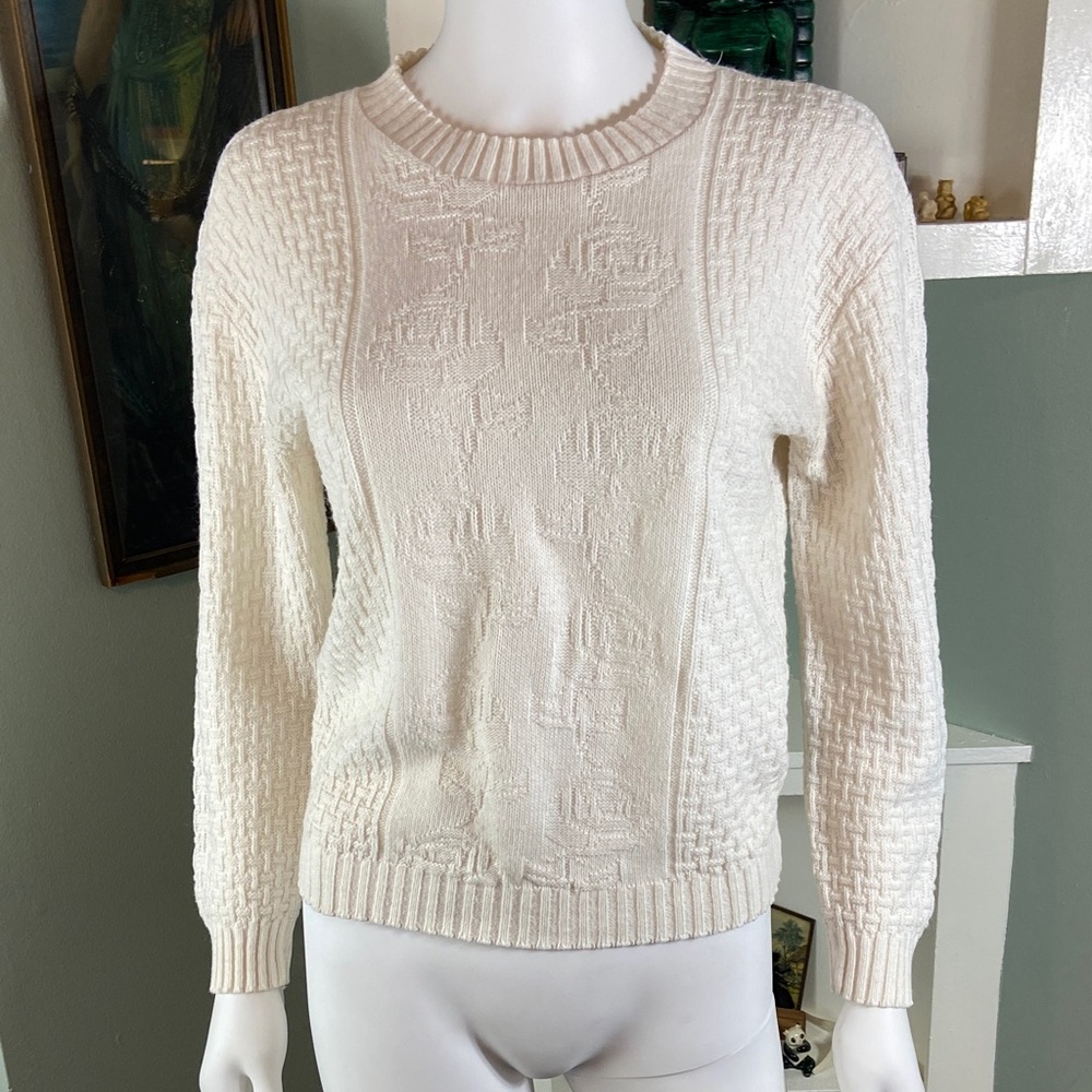 Vintage 80s Cream White Textured Sweater Roses Floral Acrylic Women xs/s 1980s